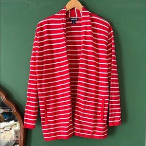 Lands' End Red & White Striped Shawl Collar Cardigan w/Pockets Lightweight